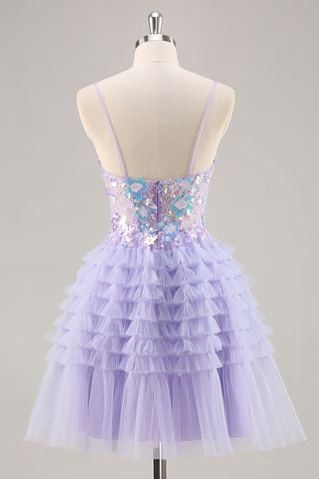 Purple Tulle Tiered A Line Homecoming Dress with Appliques